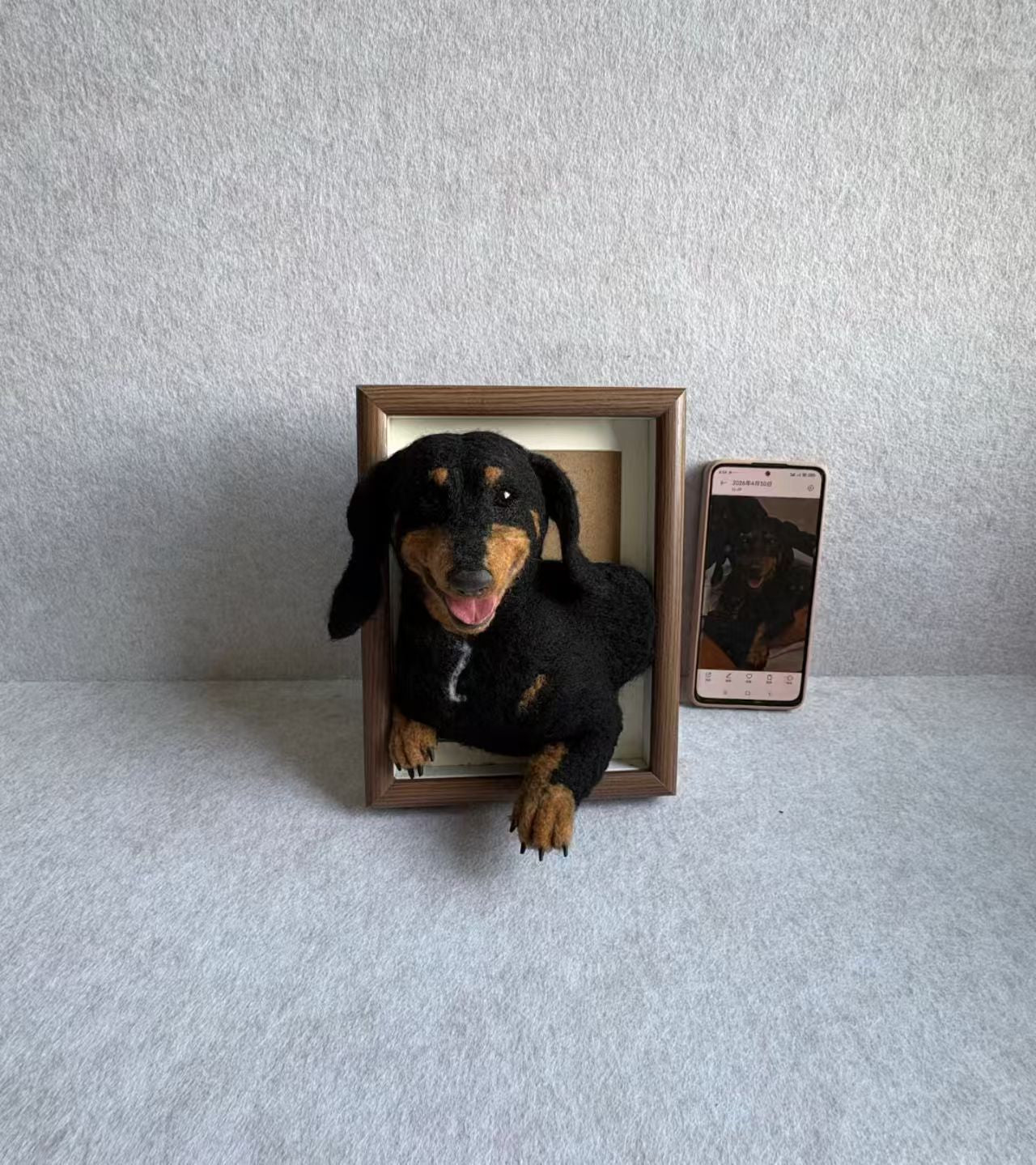 Custom framed dachshund wool portrait