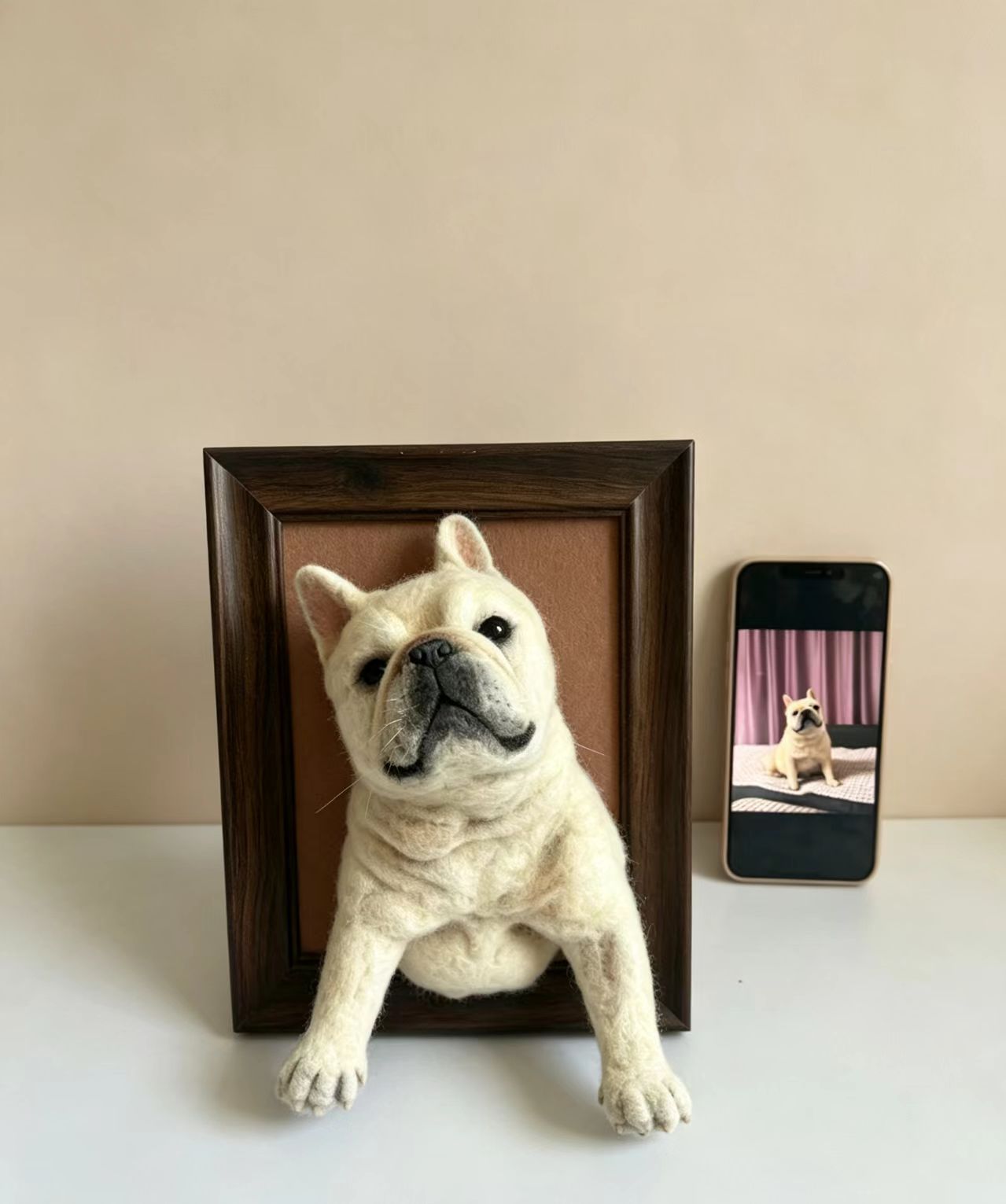 Custom framed French bulldog wool portrait