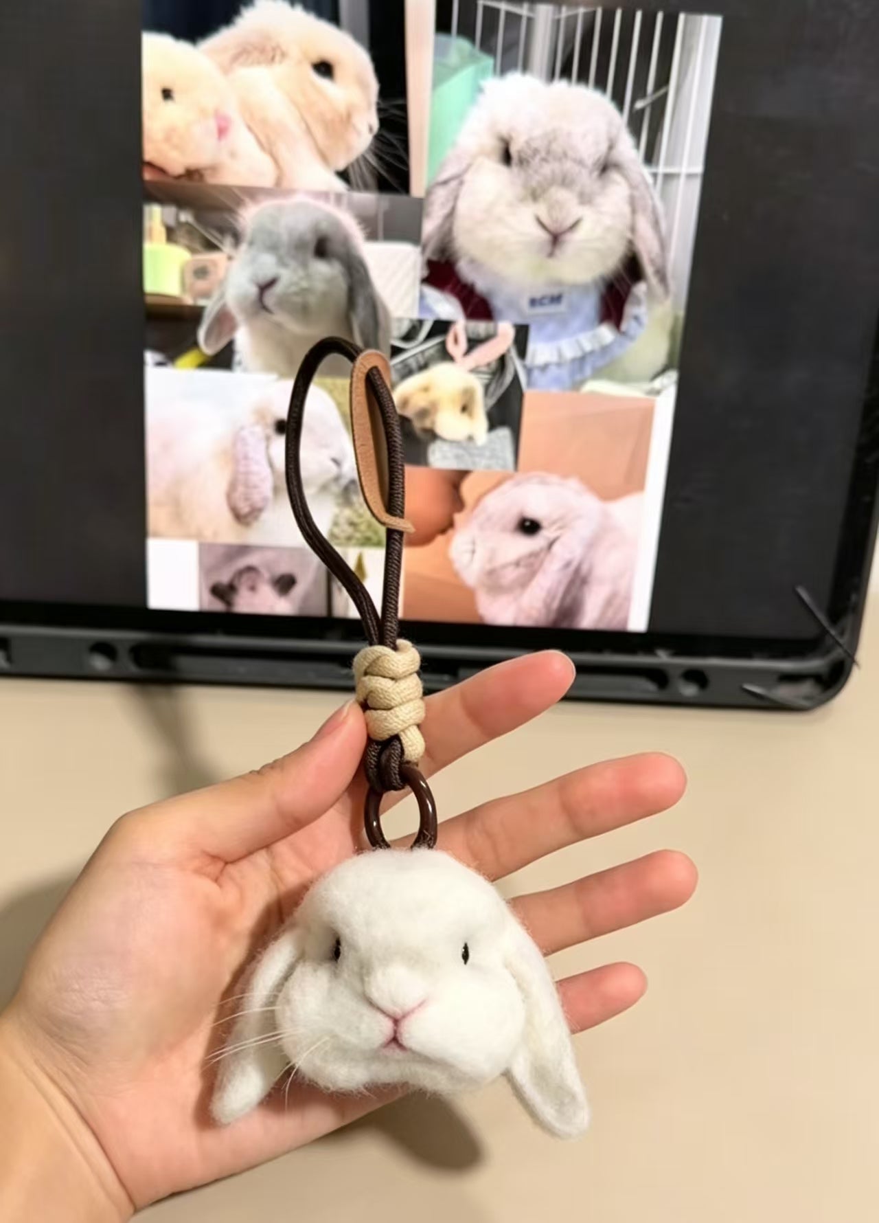 Custom white rabbit wool keychain