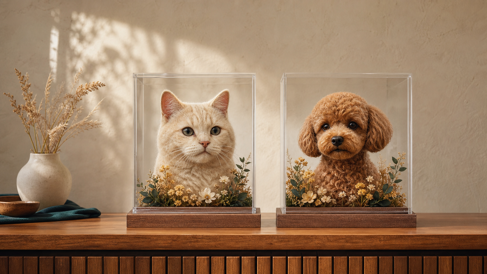 A collection of handmade wool pet keepsakes